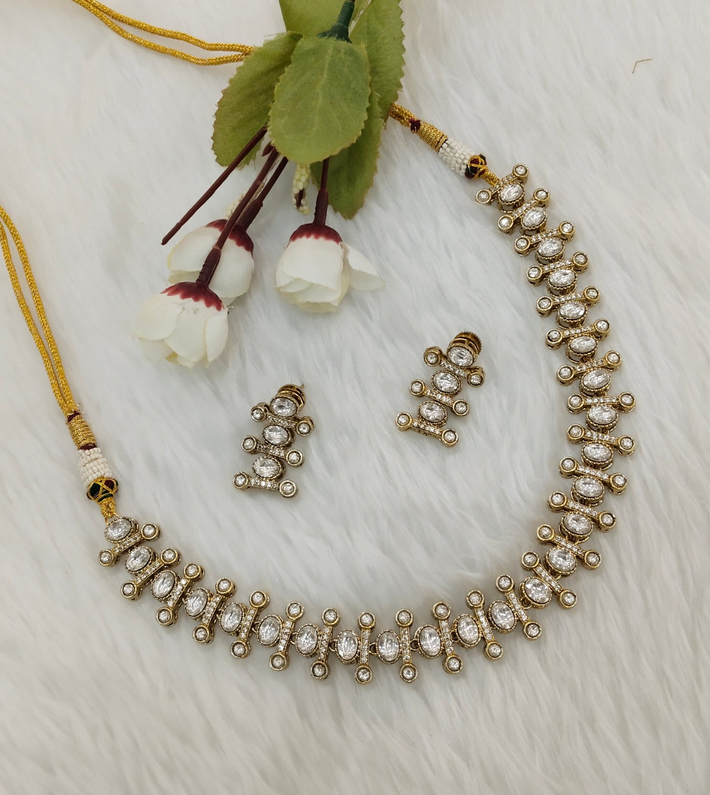 White Gold Moissanite Kundan Necklace Indian Jewellery Massy Set
