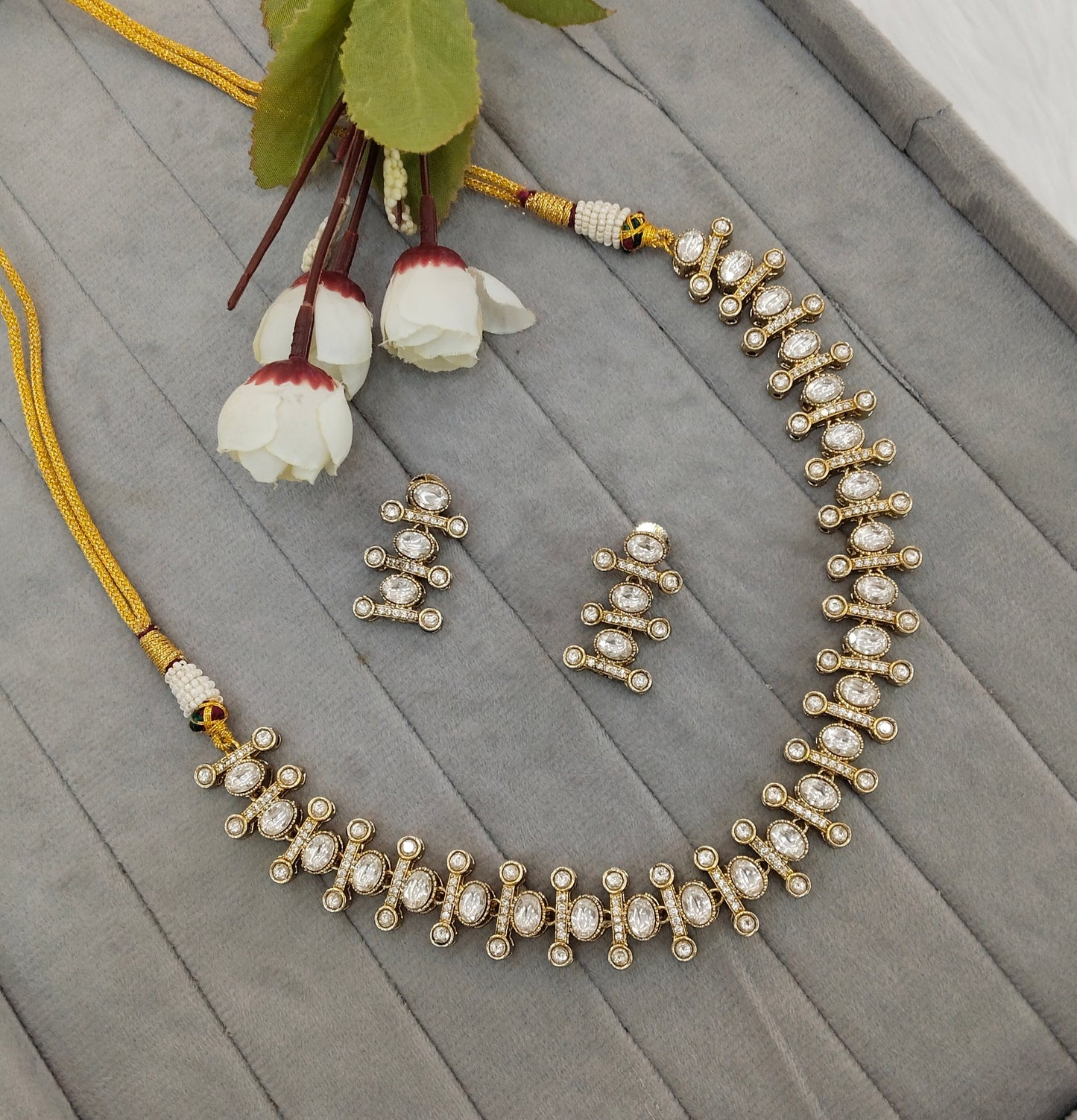 White Gold Moissanite Kundan Necklace Indian Jewellery Massy Set