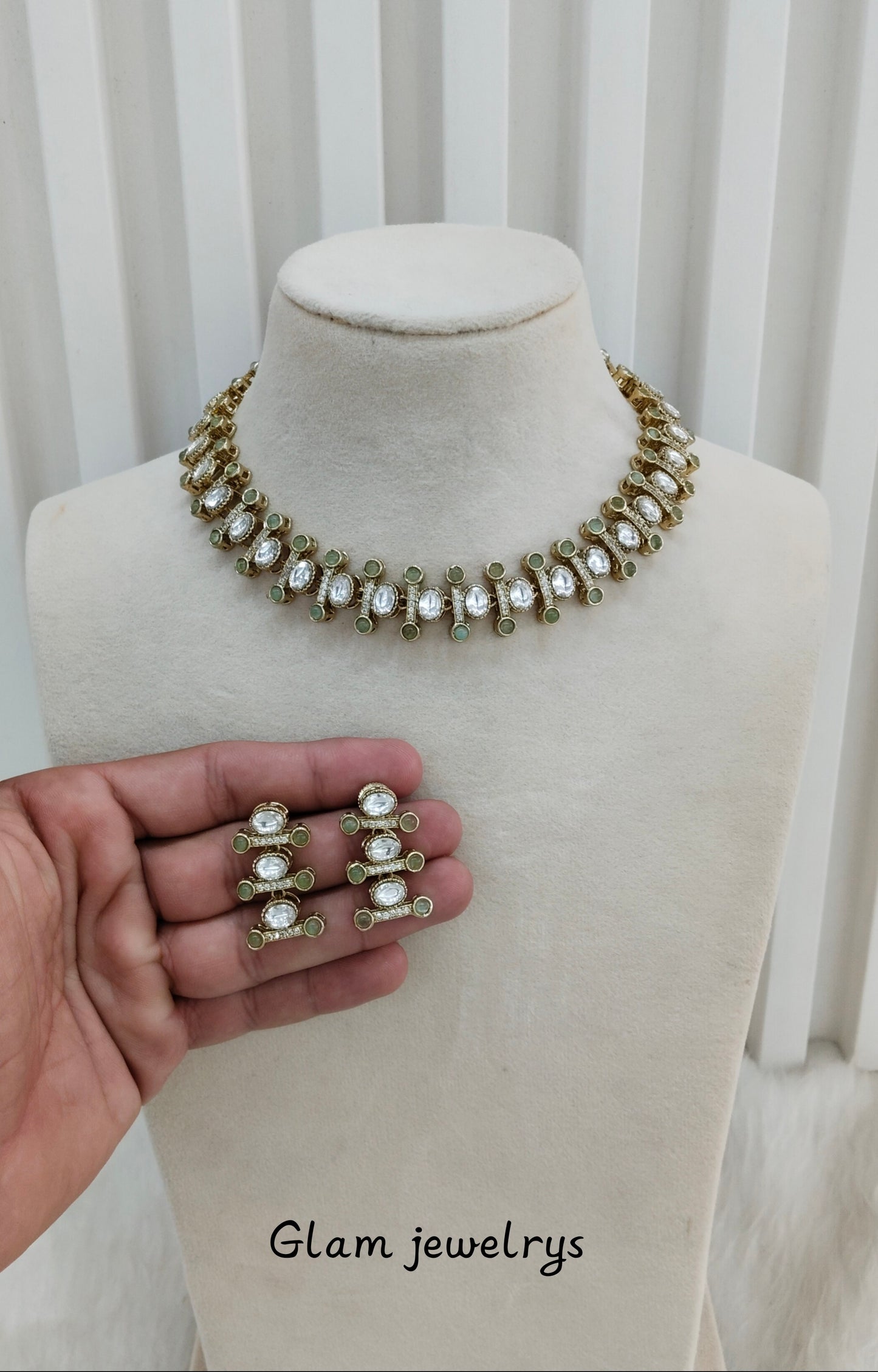 Pastel Green Gold Moissanite Kundan Necklace Indian Jewellery Massy Set