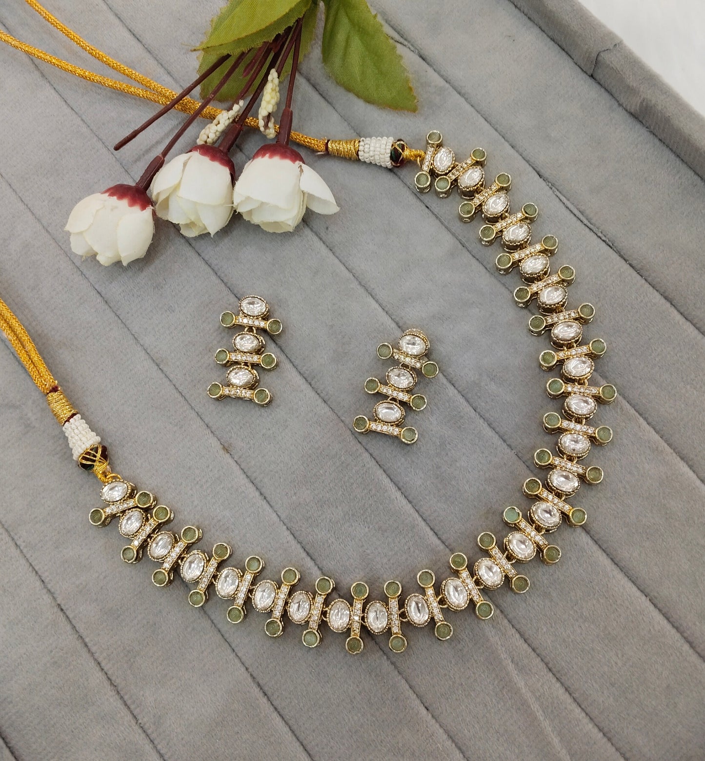 Pastel Green Gold Moissanite Kundan Necklace Indian Jewellery Massy Set