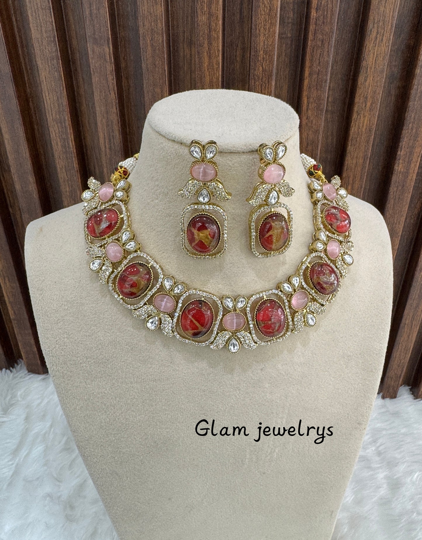 Ruby Pink Moissanite Kundan Necklace Indian Jewellery Ria Set