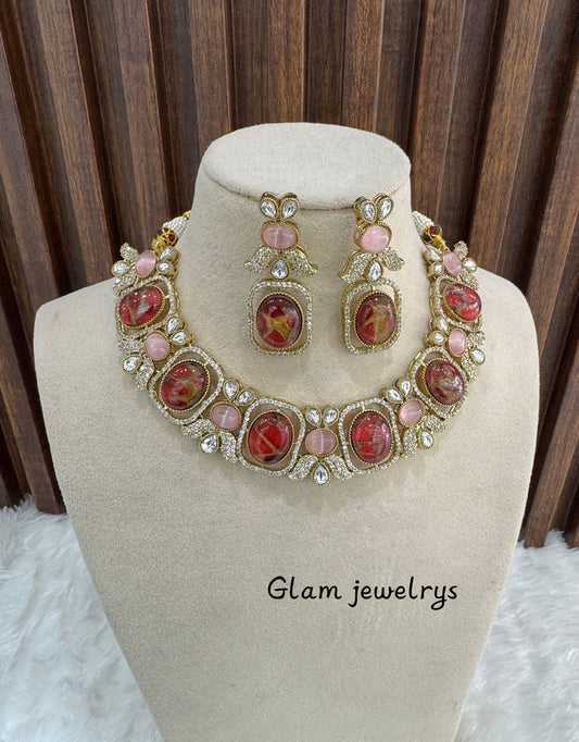 Ruby Pink Moissanite Kundan Necklace Indian Jewellery Ria Set