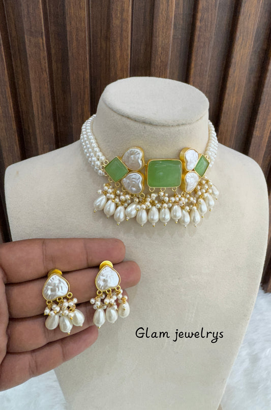 Mint Mother Of Pearl Stone Chokar Indian Jewellery olivia Set
