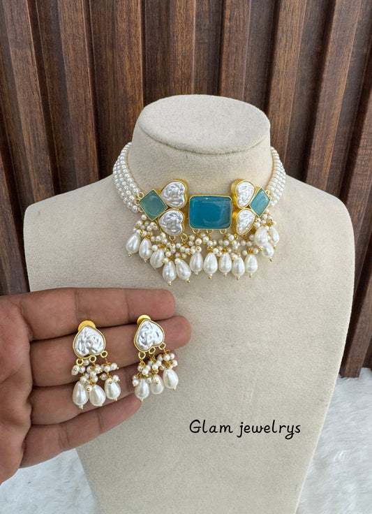 Sea Green Mother Of Pearl Stone Choker Indian Jewellery olivia Set