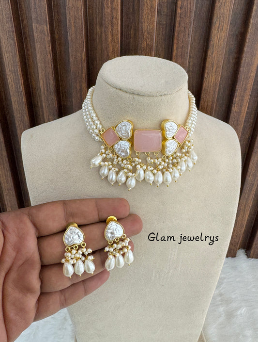 Pink Mother Of Pearl Stone Choker Indian Jewellery olivia Set