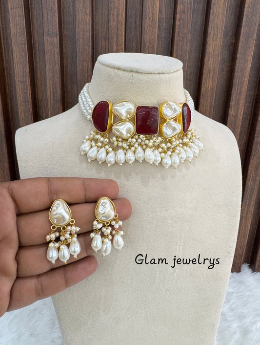 Ruby Mother Of Pearl Stone Choker Indian Jewellery olivia Set