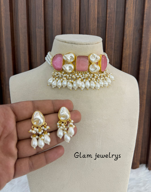 Dark Pink Mother Of Pearl Stone Choker Indian Jewellery olivia