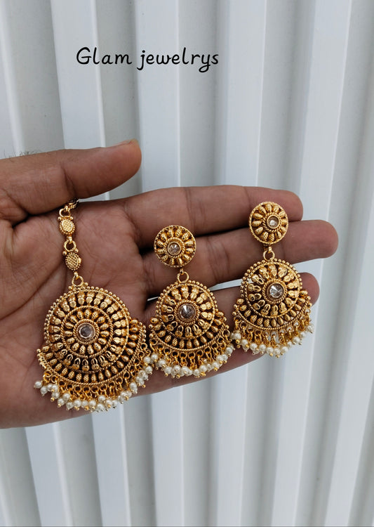 White Gold Polki Punjabi Style Earrings and Tikka
