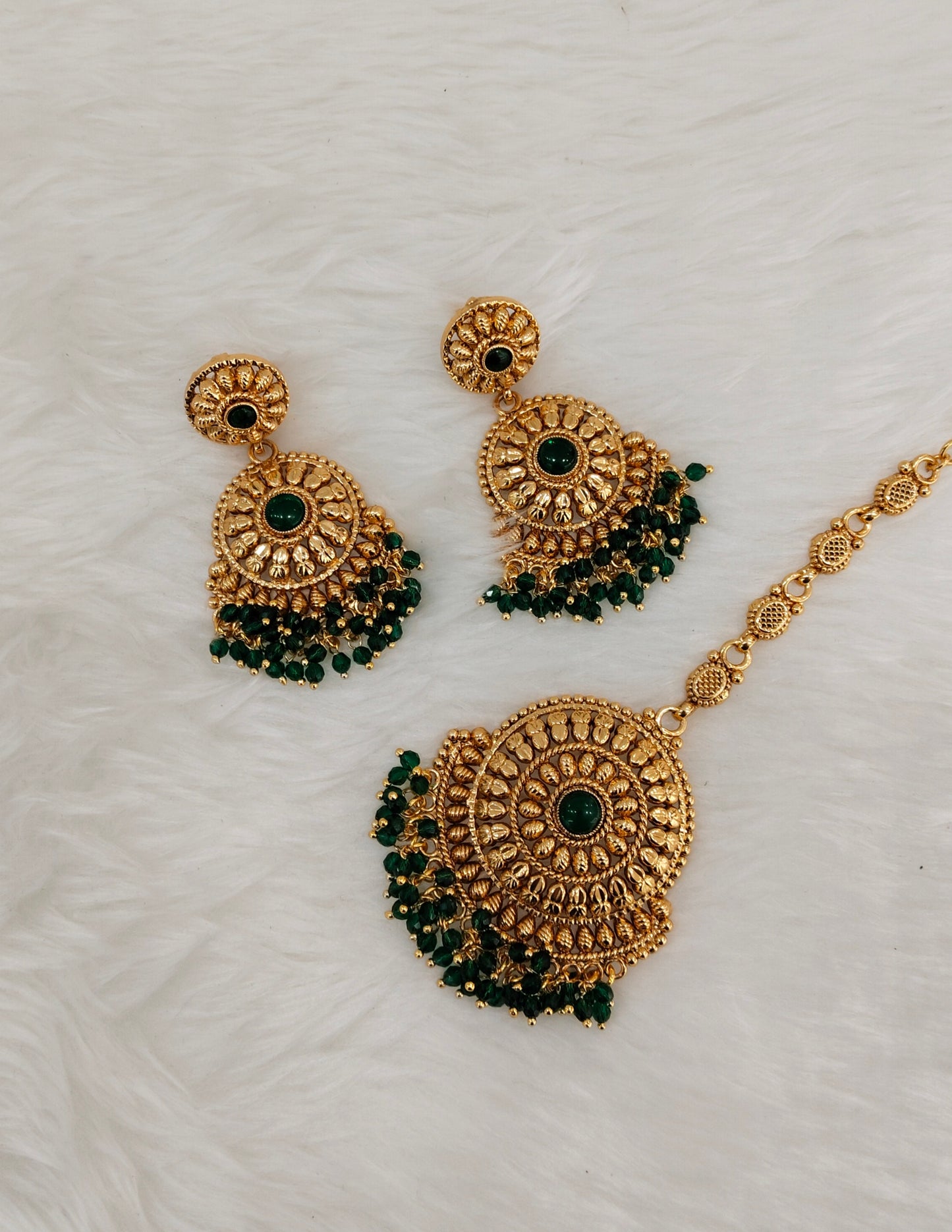 Green Gold Polki Punjabi Style Earrings and Tikka