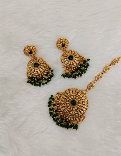 Green Gold Polki Punjabi Style Earrings and Tikka