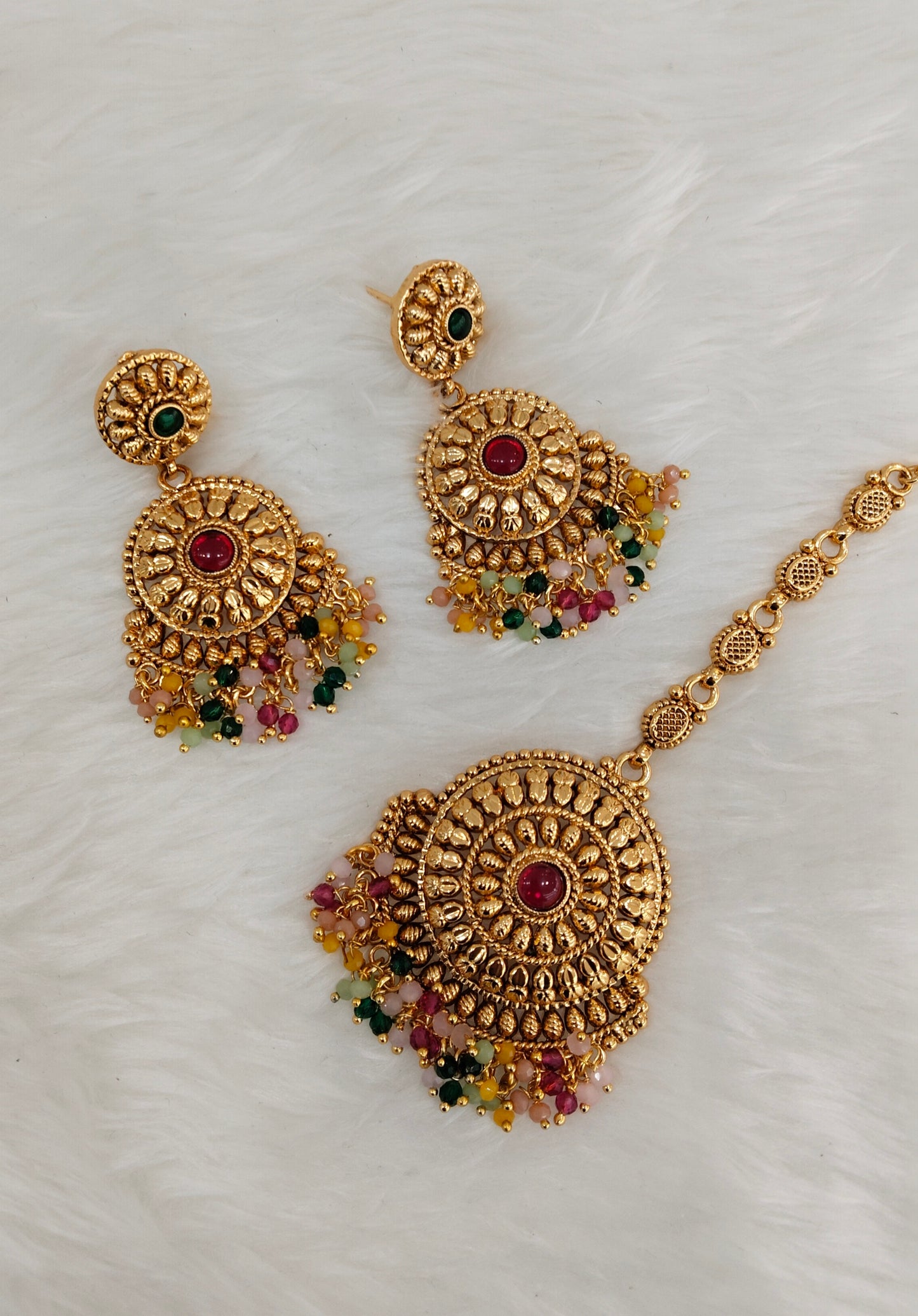 Multi Color Gold Polki Punjabi Style Earrings and Tikka