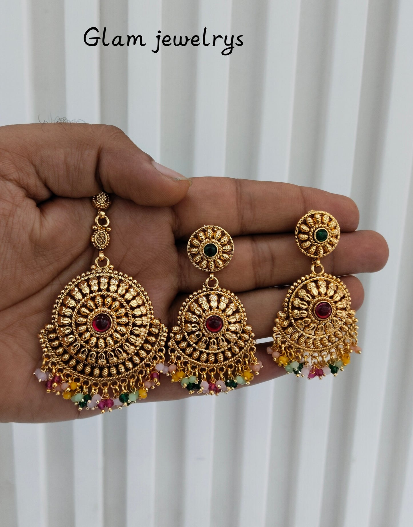 Multi Color Gold Polki Punjabi Style Earrings and Tikka
