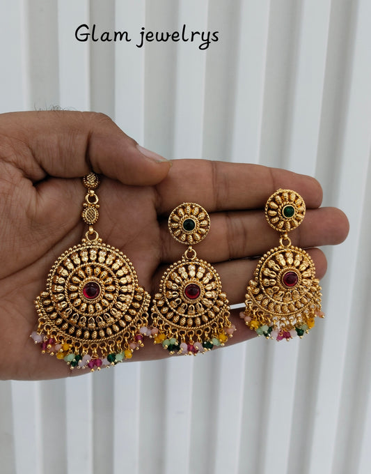 Multi Color Gold Polki Punjabi Style Earrings and Tikka