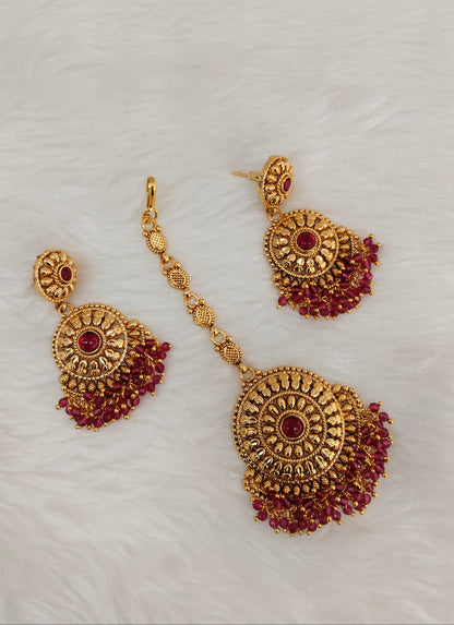 Majenta Gold Polki Punjabi Style Earrings and Tikka