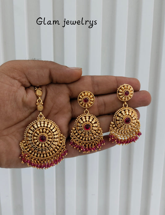 Majenta Gold Polki Punjabi Style Earrings and Tikka