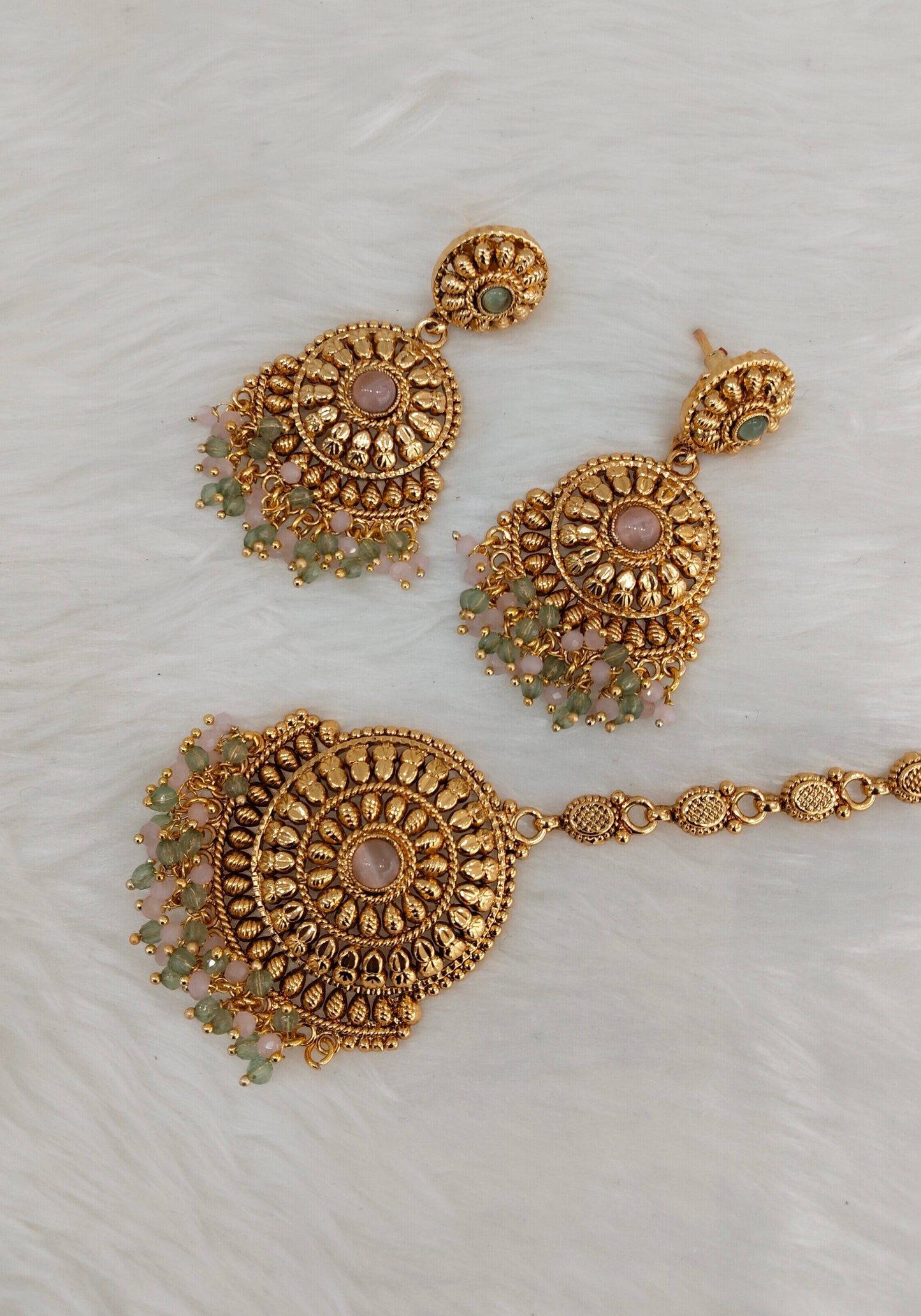 Mint Pink Gold Polki Punjabi Style Earrings and Tikka
