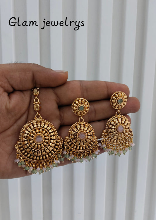 Mint Pink Gold Polki Punjabi Style Earrings and Tikka