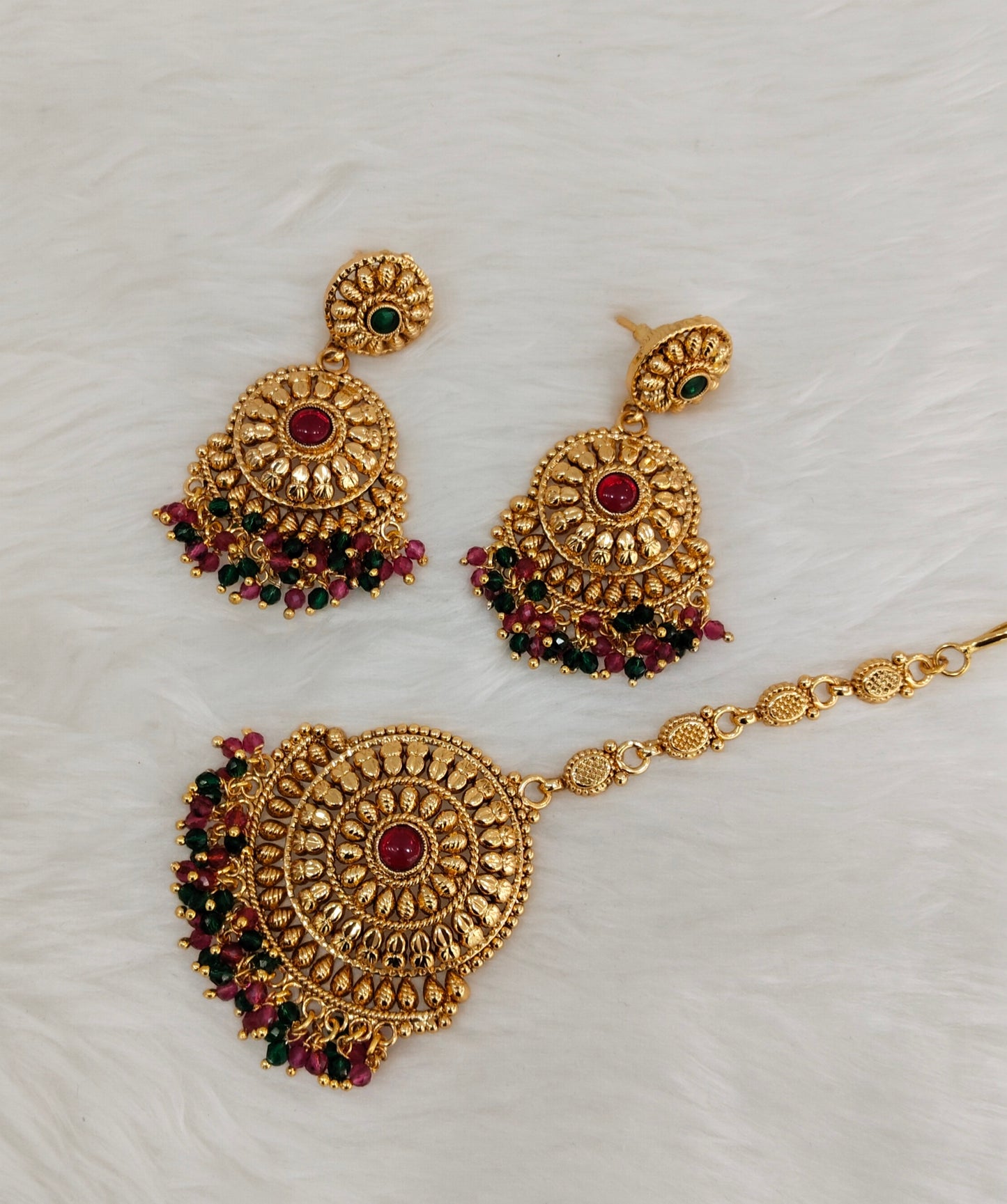 Ruby Green Gold Polki Punjabi Style Earrings and Tikka