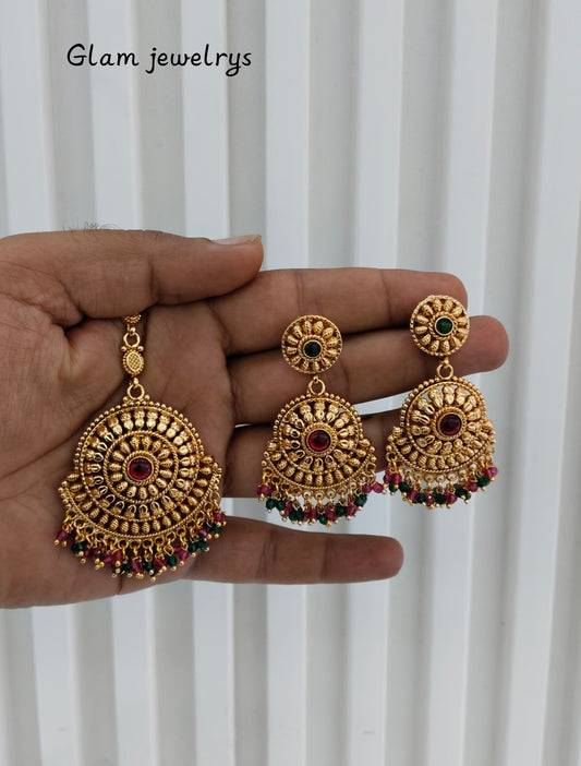 Ruby Green Gold Polki Punjabi Style Earrings and Tikka