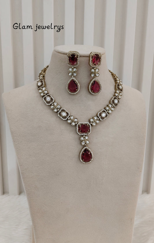 Ruby Gold Moissanite Kundan Necklace Indian Jewellery Solis Chain Set