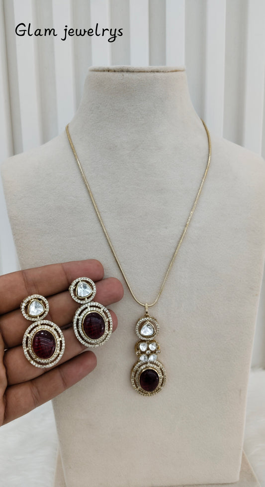 Maroon Gold Moissanite Kundan Necklace Indian Jewellery Solis Chain Set