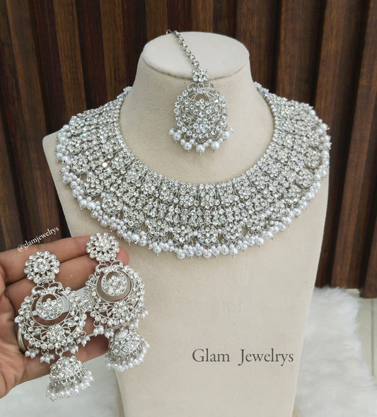 Silver White Necklace Indian Jewellery Pearl Perm Set