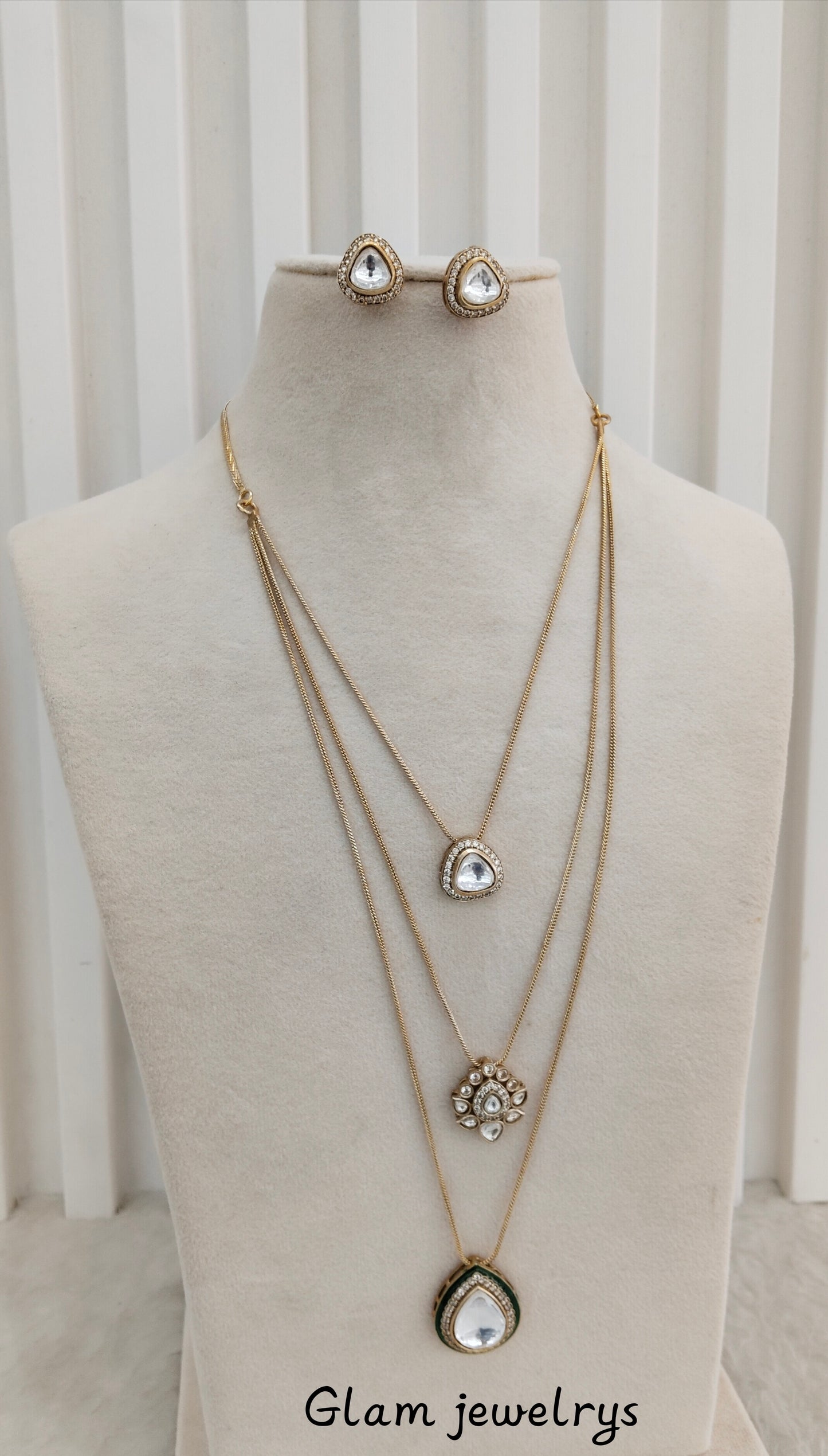 Green Gold Moissanite Kundan Necklace Indian Jewellery Delux Chain Set