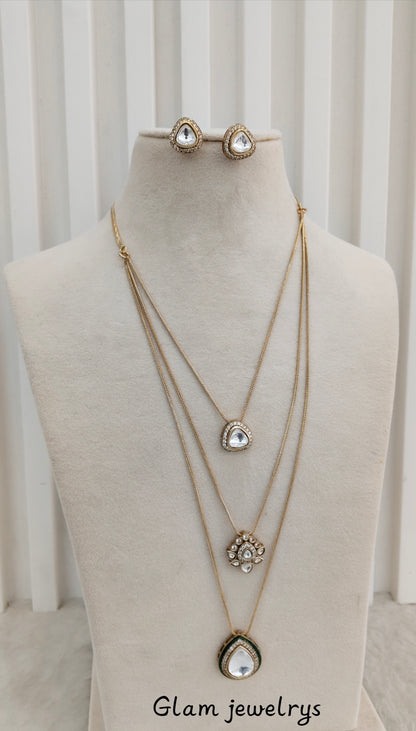 Green Gold Moissanite Kundan Necklace Indian Jewellery Delux Chain Set