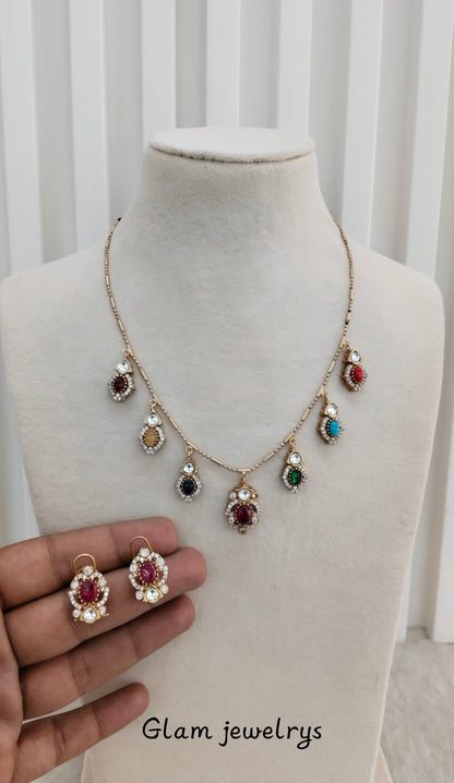 Multi Color Gold Moissanite Kundan Necklace Indian Jewellery Delux Chain Set