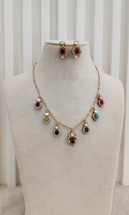 Multi Color Gold Moissanite Kundan Necklace Indian Jewellery Delux Chain Set