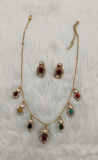Multi Color Gold Moissanite Kundan Necklace Indian Jewellery Delux Chain Set