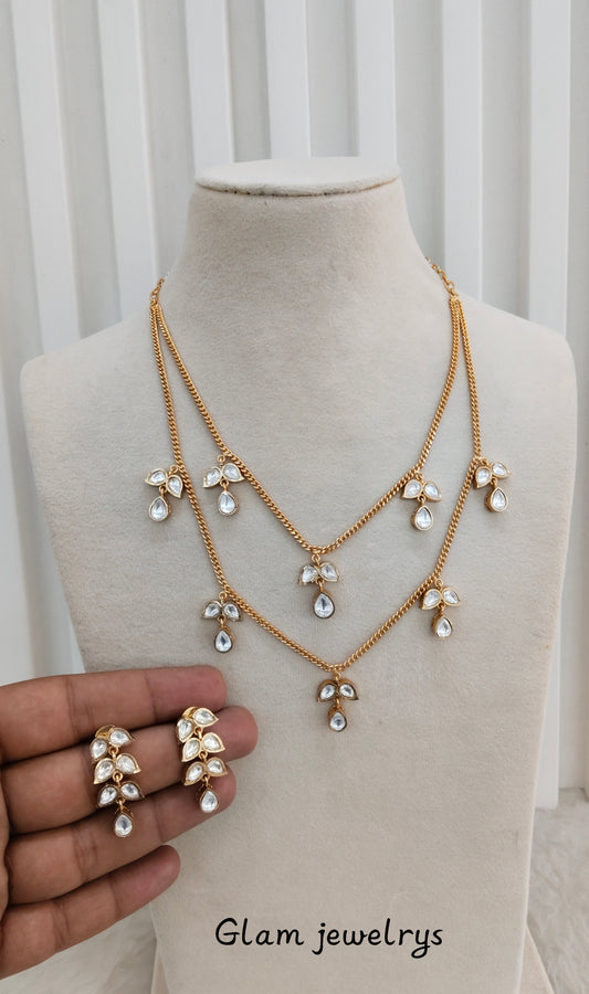 Gold Moissanite Kundan Necklace Indian Jewellery Delux Chain Set