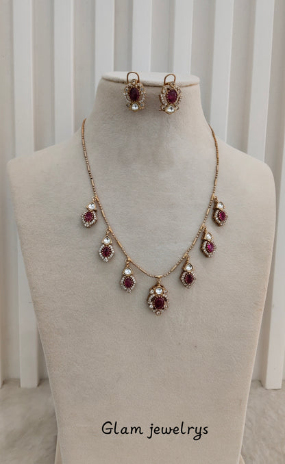Ruby Gold Moissanite Kundan Necklace Indian Jewellery Delux Chain Set