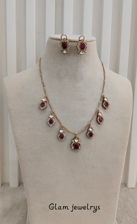 Ruby Gold Moissanite Kundan Necklace Indian Jewellery Delux Chain Set