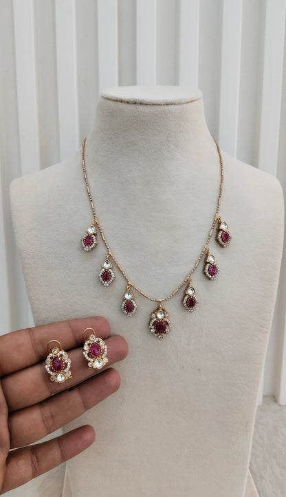 Ruby Gold Moissanite Kundan Necklace Indian Jewellery Delux Chain Set