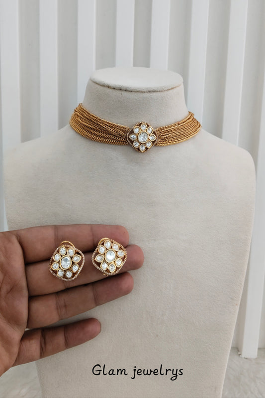 Gold Moissanite Kundan Choker Indian Jewellery Delux Chain Set