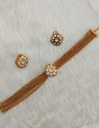 Gold Moissanite Kundan Choker Indian Jewellery Delux Chain Set