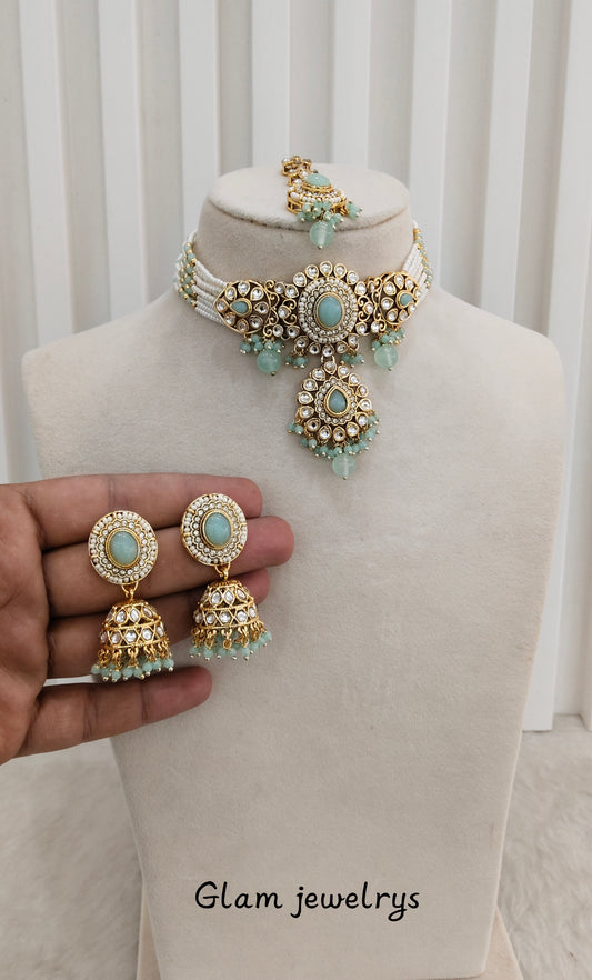 Sea Green Kundan Choker Jewellery Firoh Set