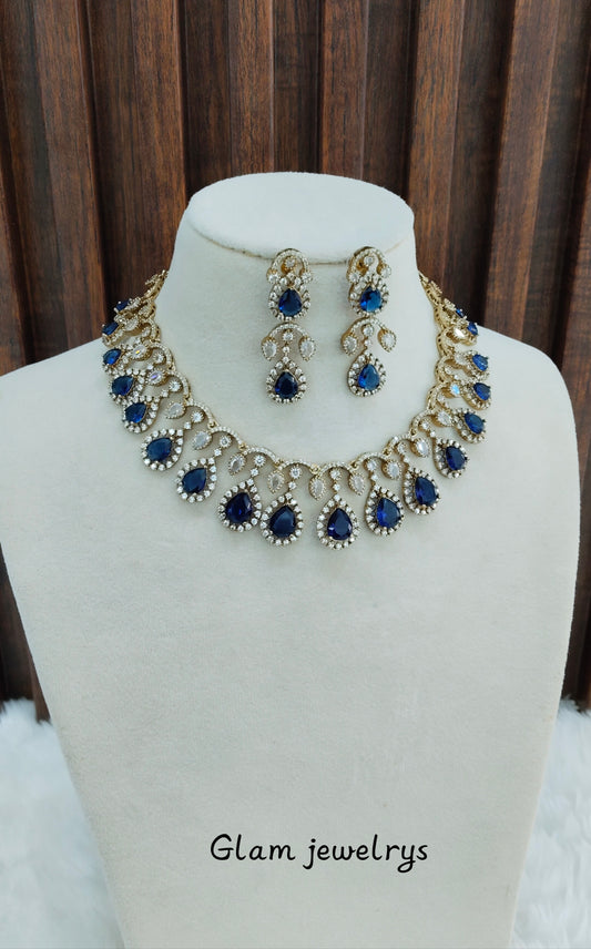 Blue Antique Gold CZ Necklace Indian Jewellery Honda Set