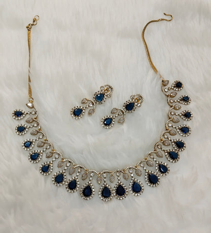 Blue Antique Gold CZ Necklace Indian Jewellery Honda Set