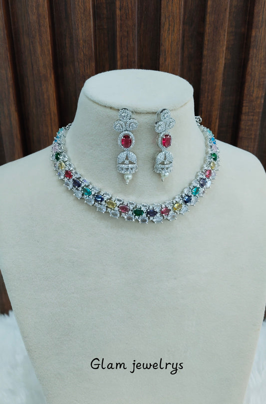 Multi Color Silver CZ Necklace Indian Jewellery Honda Set
