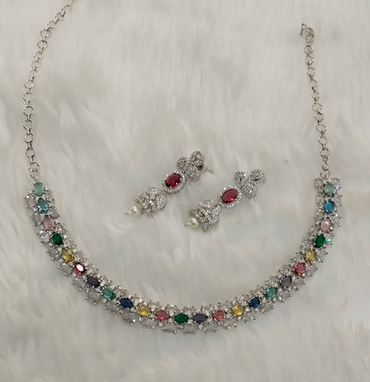 Multi Color Silver CZ Necklace Indian Jewellery Honda Set