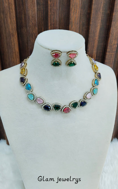 Multi Color Antique Gold CZ Necklace Indian Jewellery Hero Set