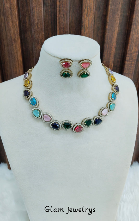 Multi Color Antique Gold CZ Necklace Indian Jewellery Hero Set