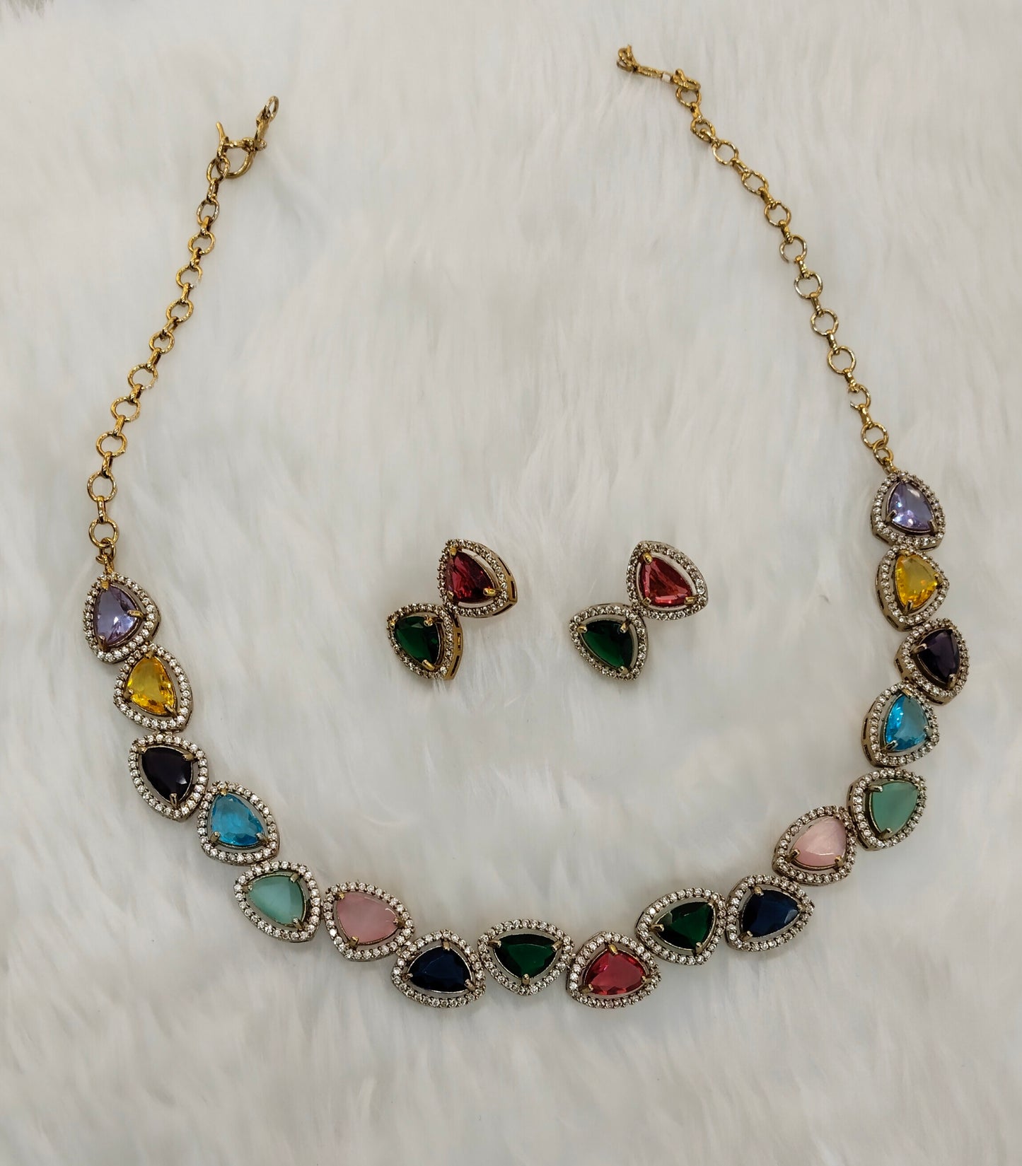 Multi Color Antique Gold CZ Necklace Indian Jewellery Hero Set
