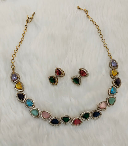 Multi Color Antique Gold CZ Necklace Indian Jewellery Hero Set
