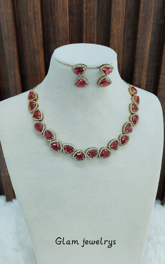 Ruby Antique Gold CZ Necklace Indian Jewellery Hero Set