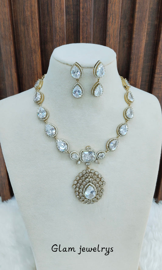 White Antique Gold CZ Necklace Indian Jewellery Bajaj Set