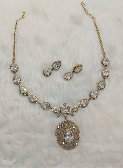 White Antique Gold CZ Necklace Indian Jewellery Bajaj Set