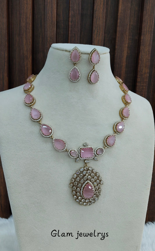 Pink Antique Gold CZ Necklace Indian Jewellery Bajaj Set